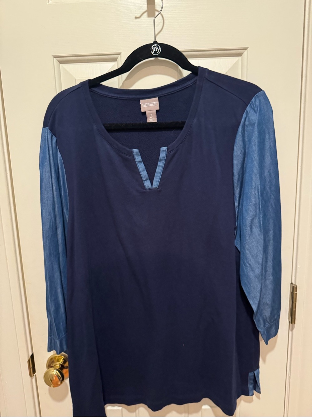 Chico's Navy Top with Light Blue Chambray Sleeves